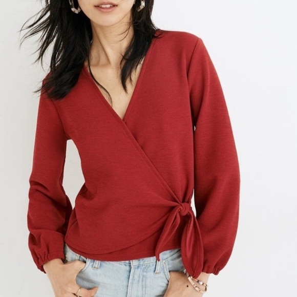 Madewell texture & thread deep red faux wrap tie front blouse. Medium. - Picture 1 of 9